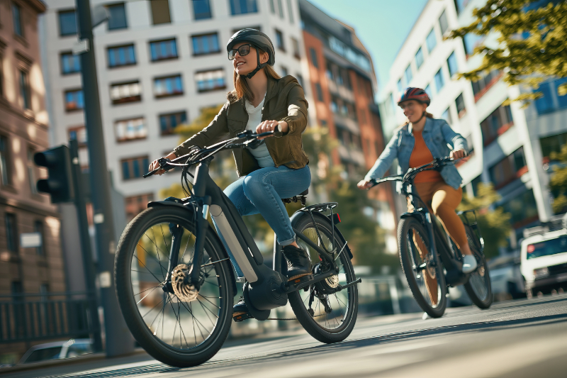 Cyclists riding Infinity electric bikes in the city