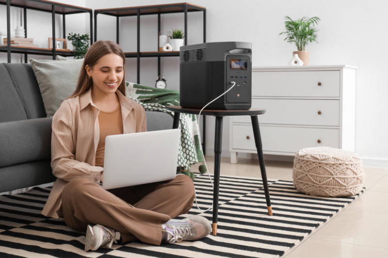 Infinity portable power station powering a laptop at home